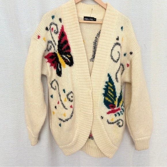 Vtg RARE UNO & UNA Butterfly Knit Cardigan Sweater Cream Wool Blend - Picture 2 of 11